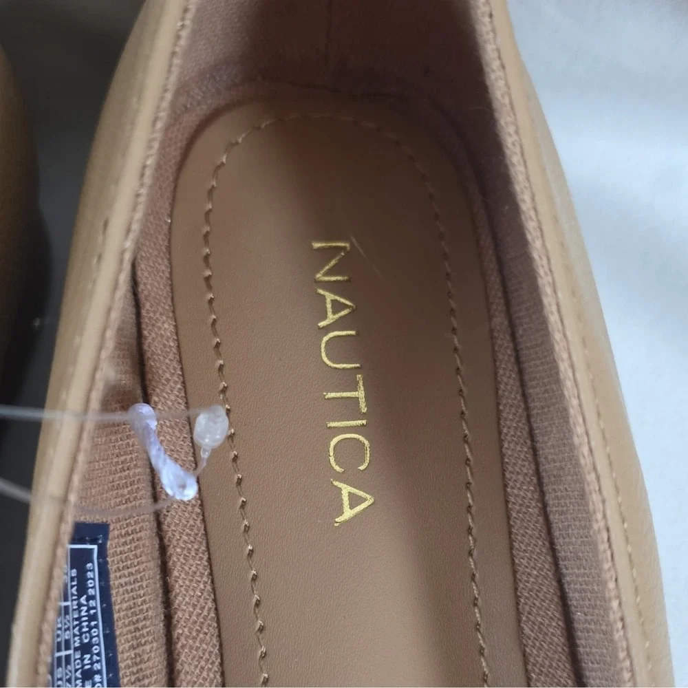 Nautica Beige Flats Tortoiseshell Buckle Logo Slip-On Square Toe Size 7.5
